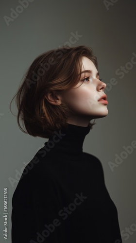 Elegant side profile of a young woman with short hair against a neutral backdrop during a studio photoshoot.