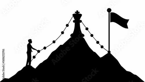Silhouette of a man climbing a mountain connected to a chess king and a flag with dotted lines