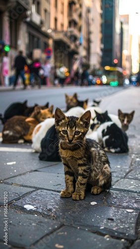 City kittens huddle together on the street