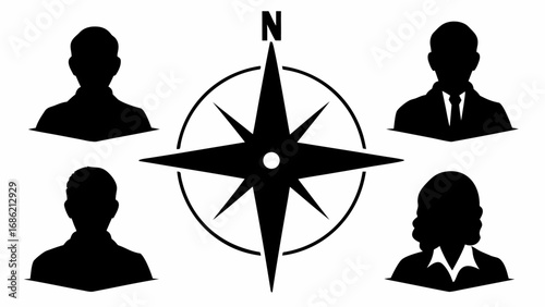 Four person silhouettes surrounding a compass rose with a north indicator in a black and white design
