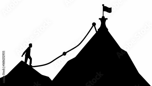 A silhouette of a man walking on a rope bridge towards a mountain peak with a flag on top of it in black