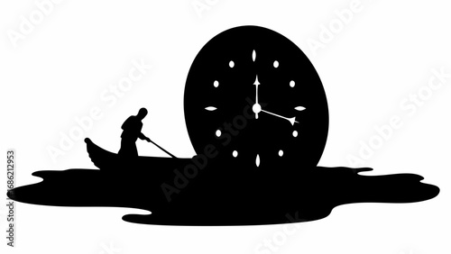 Silhouette of a person rowing a boat on water next to a melting clock in black and white drawing