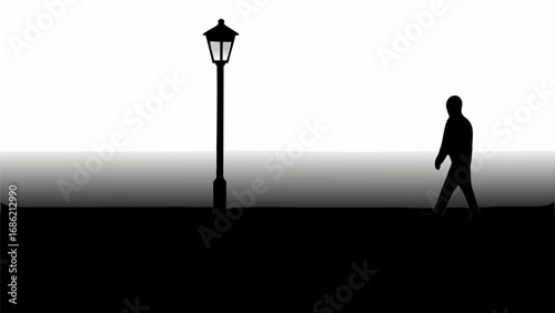 Silhouette of a person walking near a lamppost against a gradient background in black and white tones