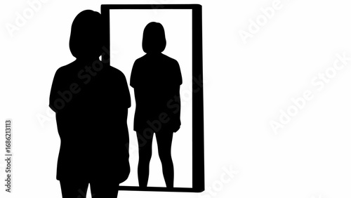 Silhouette of a person standing in front of a mirror reflecting their image in black and white tone art