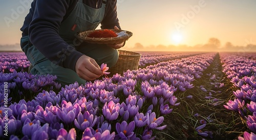 Farmer harvesting saffron flowers in a vibrant purple field during a dreamy sunrise agricultural scenery