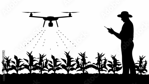 Silhouette of farmer using drone for crop spraying in field with plants against a white background scene