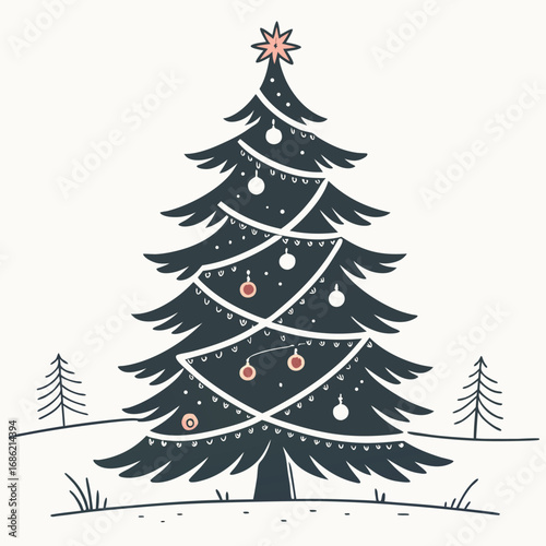 Elegant Christmas Tree Illustration with Star Topper and Festive Decorations in Minimalist Style