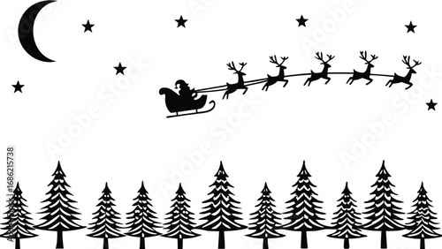 Christmas Eve Santa's Sleigh Flying over Pine Trees