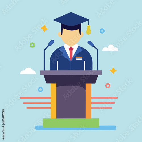 Graduation speaker at podium with microphones and decorative elements