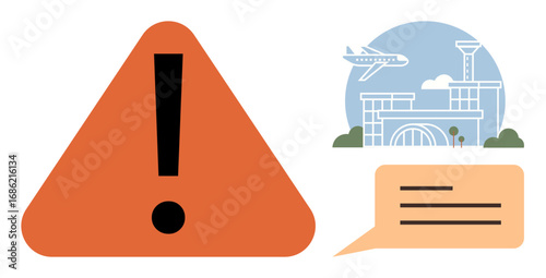 Triangular warning sign with exclamation mark, airport scene with airplane and control tower, speech bubble for communication. Ideal for travel notice, safety, urgency, aviation, information