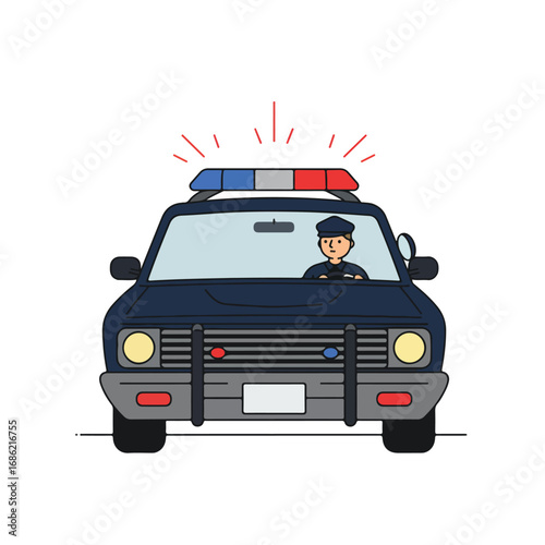 A blue police car with a driver and flashing lights is depicted against a white background