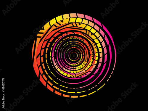 Vector background of rotating elliptical 3D shapes, consisting of a pattern of squares and wavy lines with colorful gradations.	