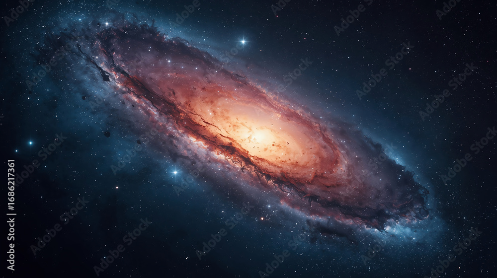 Obraz premium Galaxy, Nebula, and Stars: Explore the Vast Space Cosmos in Stunning Night Sky Astrophotography of the Milky Way and Andromeda Galaxy
