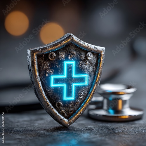 Digital shield with medical cross on stethoscope, symbol of patient data protection, secure healthcare practices, and medical cybersecurity concept