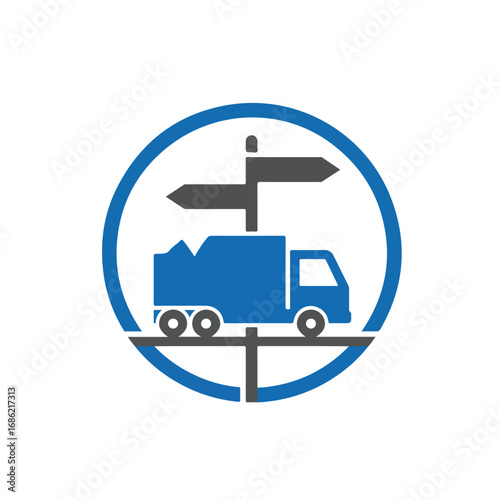 A blue truck and direction sign within a blue circle Below is a horizontal line intersected by a vertical line
