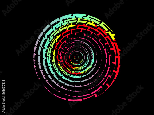 Vector background of rotating elliptical 3D shapes, consisting of a pattern of squares and wavy lines with colorful gradations.	