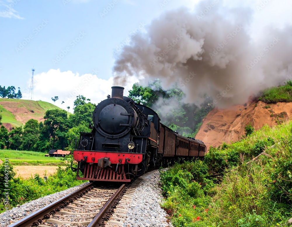 Obraz premium Vintage steam train through a landscape