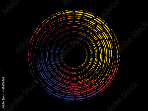 Vector background of rotating elliptical 3D shapes, consisting of a pattern of squares and wavy lines with colorful gradations.	