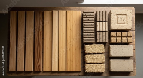 Eco-friendly construction materials such as bamboo panels, recycled wood planks, compressed earth blocks, straw bales, and hempcrete bricks.