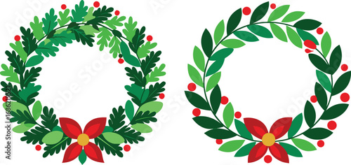 Vector Christmas wreath set with winter floral elements. Season greeting card 