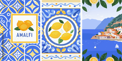Amalfi coast italian village scene with lemons and blue tile patterns