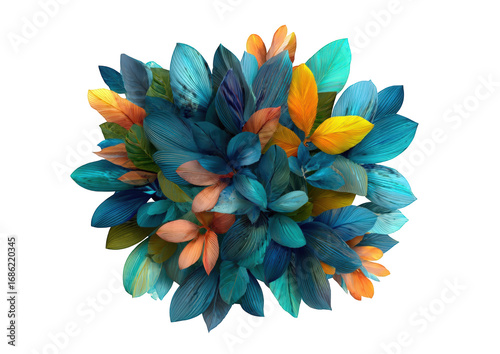 Vibrant cluster of stylized leaves in teal, orange, and yellow