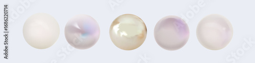 Vector image of five realistic pearls in soft white, pink, cream, and blue tones on a white background, perfect for elegant, cosmetic, or wedding