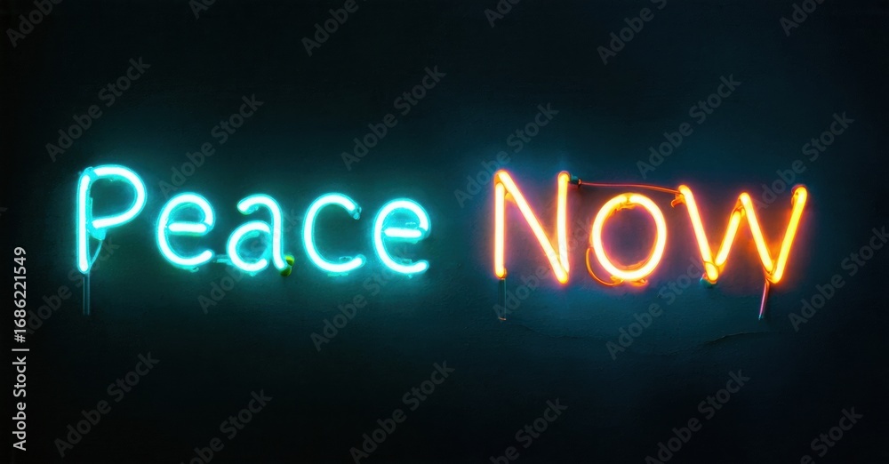 Neon sign displays message Peace Now. Blue, orange lights illuminate dark background. Simple typography, hopeful sentiment conveyed.