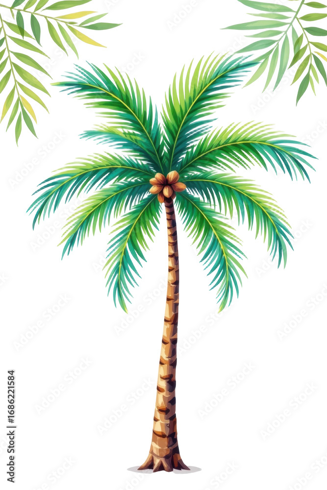 Obraz premium Colorful Artistic Illustration of a Tall Palm Tree with a Curved Trunk, Green Fronds, and Orange Flowers Against a White Background for Tropical and Nature Themes
