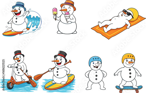Cartoon snowmen doing summer sports, surfing, relaxing, eating ice cream, skateboarding, paddleboarding, fun vacation character illustrations, playful design