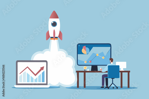 Business growth and success symbolized by a launching rocket and financial charts on computer screens