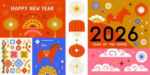 Happy new year 2026 year of the horse celebration with festive decorations and traditional motifs