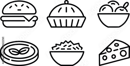 Diverse Food Icons A Burger, Apple Pie, Ice Cream, Cookie, Rice Bowl, and a Slice of Swiss Cheese