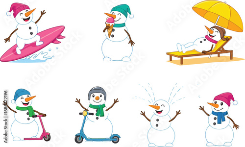 Cute cartoon snowmen enjoying summer activities, surfing, ice cream, scooter riding, sunbathing, happy snowman illustrations for fun seasonal design