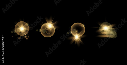 Set. Shining star, the sun particles and sparks with a highlight effect, golden bokeh lights glitter and sequins. On a dark background transparent. Vector, EPS10