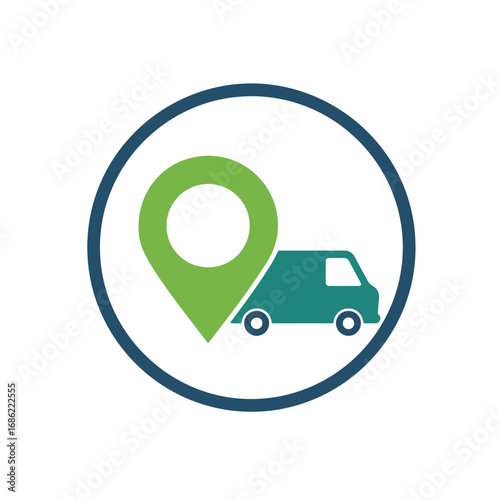 A logo features a green location pin a teal van and a blue circle on white