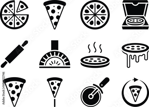 A Visual Feast of Pizza Icons Showcasing Culinary Elements, Preparation, and Deliciousness, Perfect for Restaurant Menus and Food Related Content