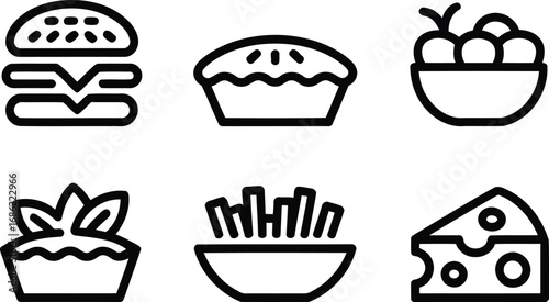 Black and White Food Icons Representing Culinary Delights Like Burgers, Pies, Fruit Bowls, Fries, and Cheese Wedges