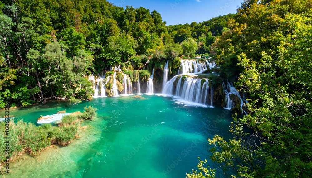 Naklejka premium Stunning Waterfalls Cascading into a Turquoise Lake