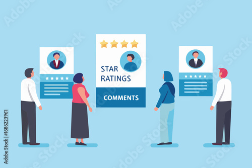 People looking at customer reviews and star ratings on digital displays for feedback and opinions
