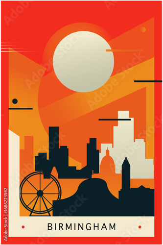 Birmingham city brutalism poster with abstract skyline, cityscape retro vector illustration. England, UK town travel front cover, brochure, flyer, leaflet, business presentation template image