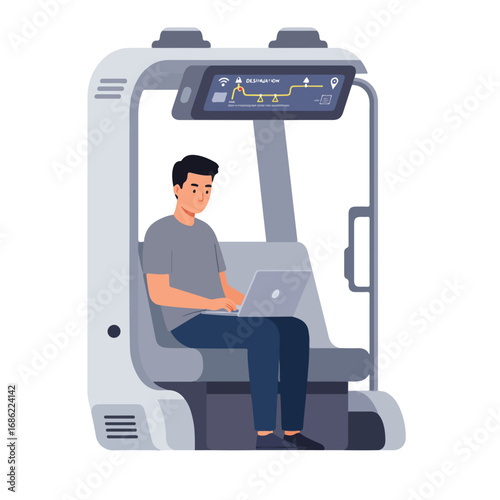 A person sits using a laptop inside a modern transport pod A screen displays a route map