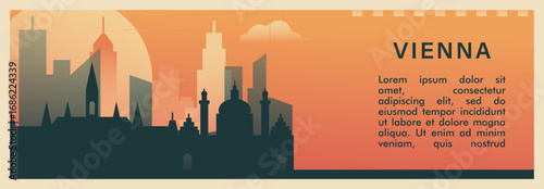 Vienna city brutalism vector banner with skyline, cityscape. Austria capital retro horizontal illustration, travel layout for web presentation, header, footer