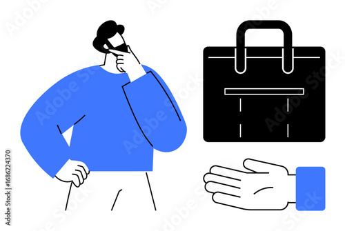 Person contemplating decision, black briefcase representing work or project, outstretched hand symbolizing agreement or offering. Ideal for decision-making, negotiation, business, marketing