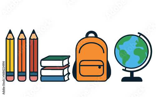 School Supplies Icons – Books, Backpack, Pencils, and Globe Vector