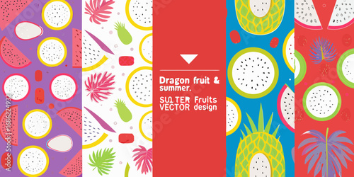 Vibrant summer fruit patterns featuring dragon fruit and pineapple with tropical leaves
