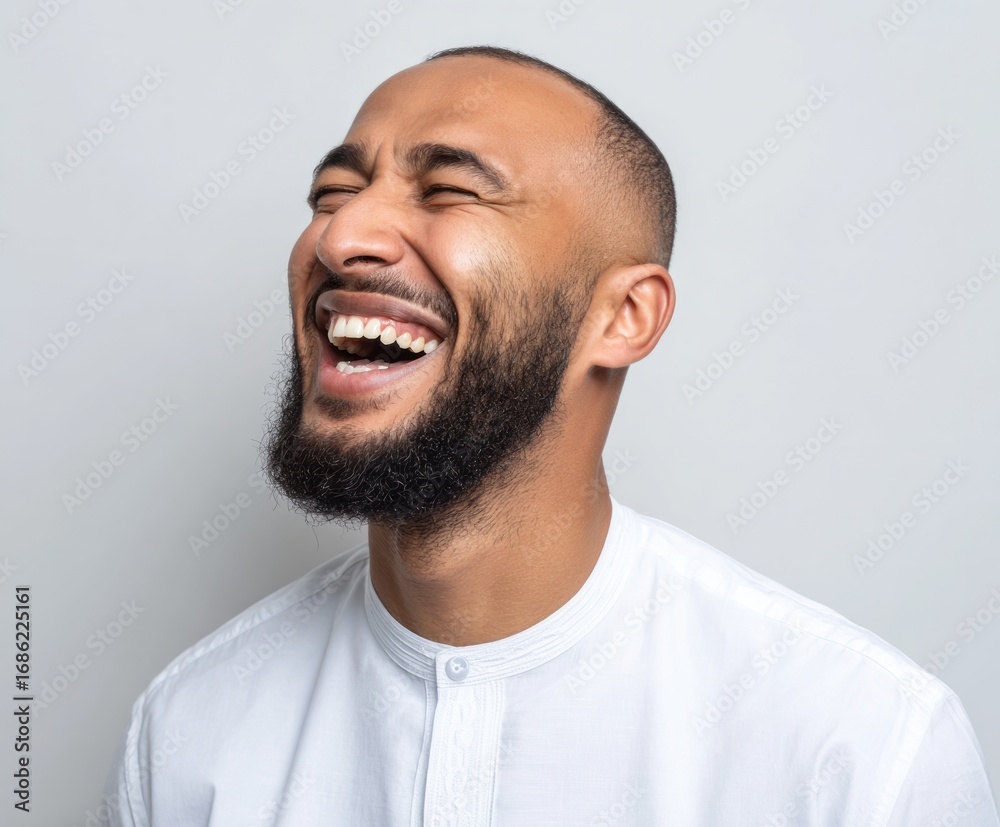 Obraz premium A man with a thick beard and a white collared shirt displays a joyous laugh against a neutral backdrop.