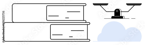 Stack of books next to balanced scales above a cloud. Ideal for law, justice, education, research, ethics, equality, decision-making. Represents a simple flat metaphor