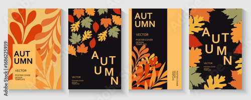Autumn season poster, thanks giving cards or banner template with minimalist design pastel colours, vibrant leaves. Collection of Vintage autumn Flower Market posters with colorful fall leaves trendy.