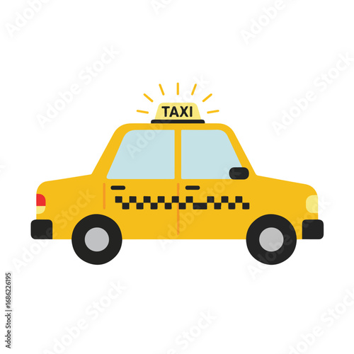 A yellow taxi car with black and white checkerboard pattern black tires a TAXI sign